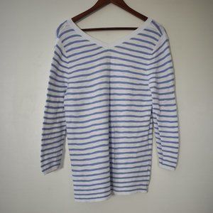Loft V-neck striped blue & white sweater with 3/4 sleeves 100% cotton